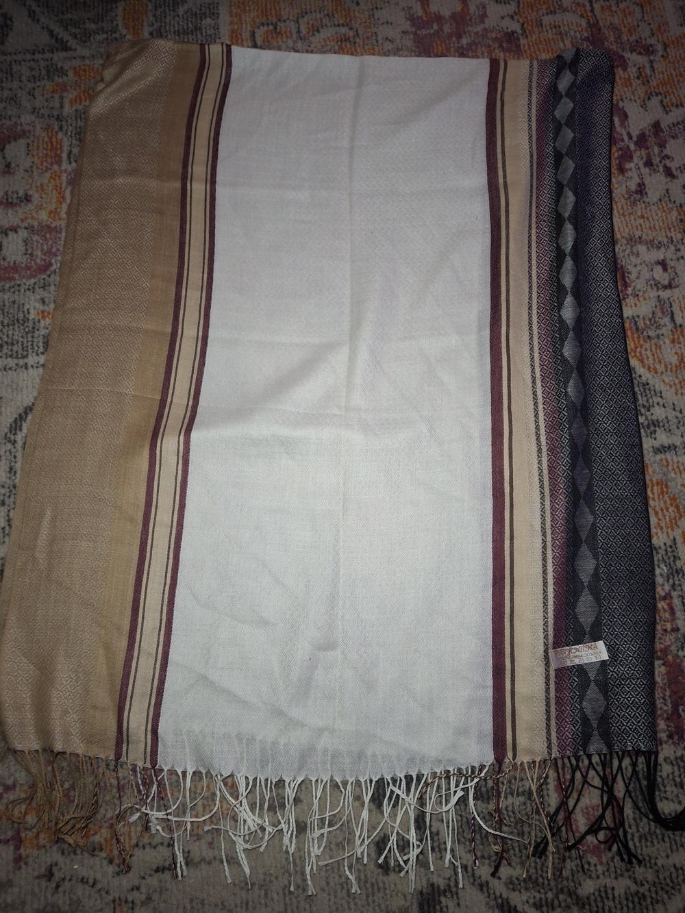 pashmina Striped Shawl in Cream, Tan, Burgundy, and Black